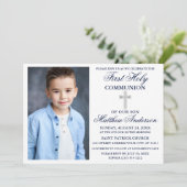 Invitation Première Sainte Communion Bleu Bleu Argent Stripes (Debout devant)