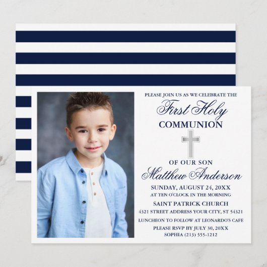 Invitation Première Sainte Communion Bleu Bleu Argent Stripes (Devant / Derrière)