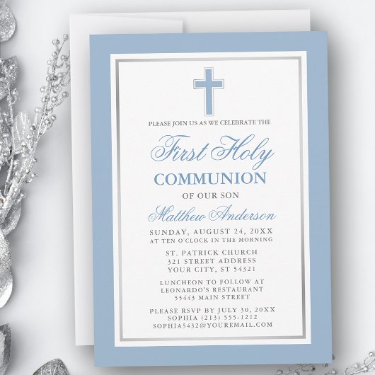 Invitation Première Sainte Communion Bleu Clair et Argent