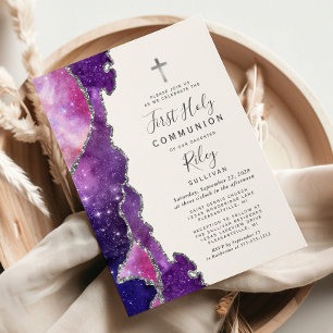 Invitation Première Sainte Communion Bleu Stellair Rose Agate