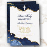 Invitation Première Sainte Communion Bleue Marbre Or Géode<br><div class="desc">Aquarelle moderne Elégant Marine Bleu et Or Marbre Agate Géode Première Communion Sainte Invitation</div>