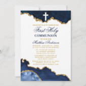 Invitation Première Sainte Communion Bleue Marbre Or Géode (Devant)