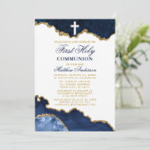 Invitation Première Sainte Communion Bleue Marbre Or Géode (Debout devant)