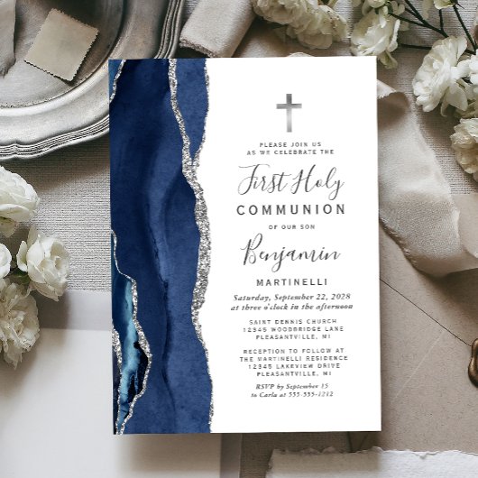 Invitation Première Sainte Communion Blue Agate Pailleté Arge