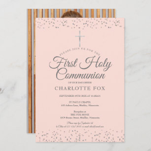 Invitation Première Sainte Communion Blush Pink Silver Photo