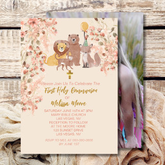 Invitation Première Sainte Communion Boho Safari photo rose p