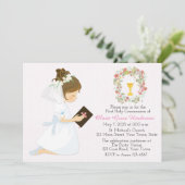 Invitation Première Sainte Communion Brunette Girl Floral Wre (Debout devant)
