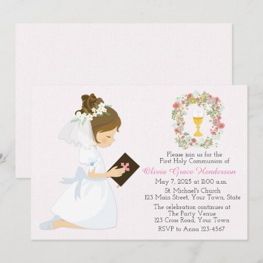 Invitation Première Sainte Communion Brunette Girl Floral Wre (Devant / Derrière)