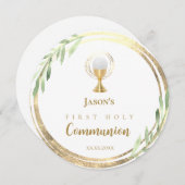 Invitation Première Sainte Communion cercle d'or feuilles ver (Devant / Derrière)