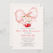 Invitation Première Sainte Communion Cerise de Bow Rose (Devant / Derrière)