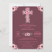 Invitation Première Sainte Communion Chic Girl Croix Fleur Ro (Devant)