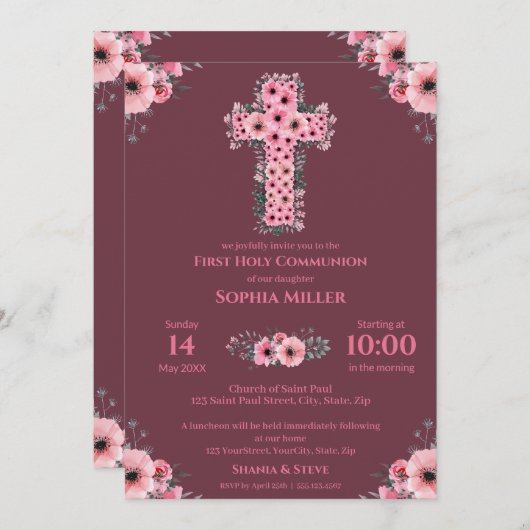 Invitation Première Sainte Communion Chic Girl Croix Fleur Ro (Devant / Derrière)