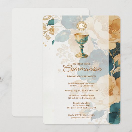 Invitation Première Sainte Communion Chic Sarcelle Or LPM26 (Devant / Derrière)