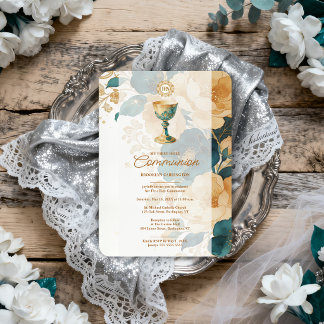 Invitation Première Sainte Communion Chic Sarcelle Or LPM26