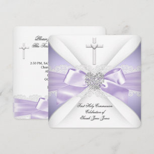 Invitation Première Sainte Communion Cœur Argent Lavande Fill