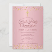 Invitation Première Sainte Communion Cœurs Moderne Or Rose (Devant)