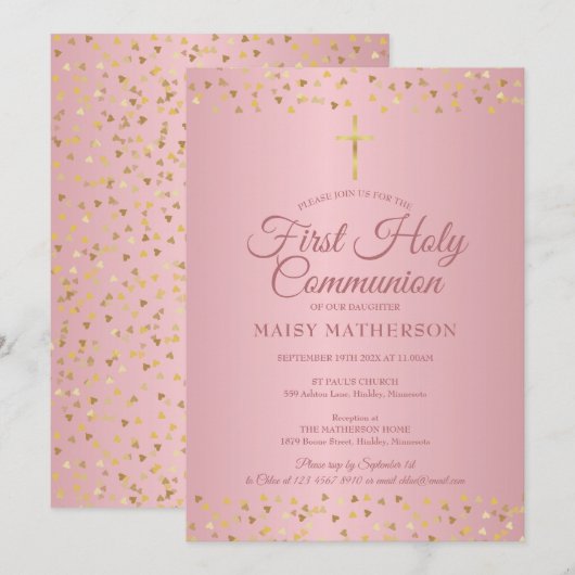 Invitation Première Sainte Communion Cœurs Moderne Or Rose (Devant / Derrière)