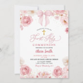Invitation Première Sainte Communion Coquette Ruban Rose (Devant)