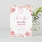 Invitation Première Sainte Communion Coquette Ruban Rose (Debout devant)
