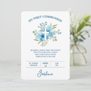 Invitation Première Sainte Communion Croix Aquarelle Bleue