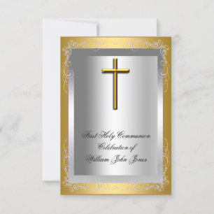 Invitation Première Sainte Communion Croix Argent Or Garçon