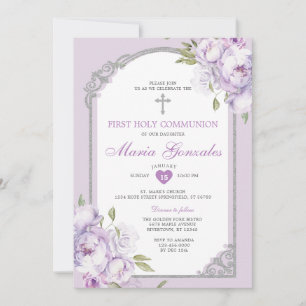Invitation Première Sainte Communion Croix Argentée Fleurie V