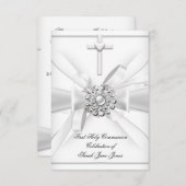 Invitation Première Sainte Communion Croix d'argent blanc (Devant / Derrière)