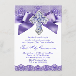 Invitation Première Sainte Communion Croix Dentelle Violette