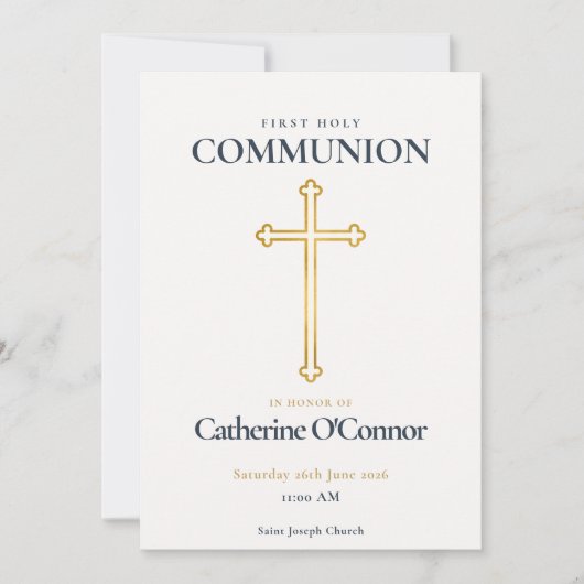 Invitation Première Sainte Communion Croix d'Or (Devant)