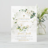 Invitation Première Sainte Communion Croix d'or Blanc Floral (Debout devant)