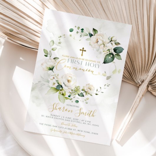 Invitation Première Sainte Communion Croix d'or Blanc Floral
