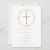 Invitation Première Sainte Communion Croix d'or Floral (Devant)