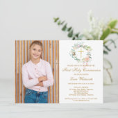 Invitation Première Sainte Communion Croix d'or Photo florale (Debout devant)