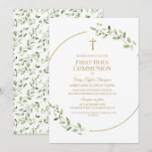 Invitation Première Sainte Communion croix dorée à la verdure (Devant / Derrière)