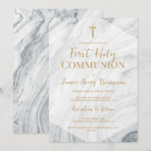 Invitation Première Sainte Communion Croix Dorée en Marbre Él