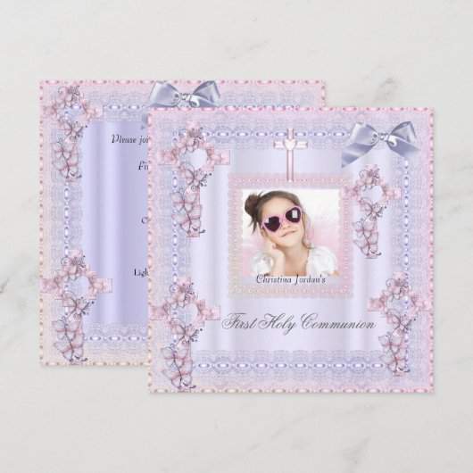 Invitation Première Sainte Communion Croix Fille Lavande Phot (Devant / Derrière)