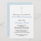 Invitation Première Sainte Communion Croix Fils Gris Bleu (Devant / Derrière)