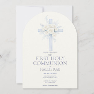Invitation Première Sainte Communion, Croix Florale Bleue Arq