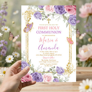 Invitation Première Sainte Communion Croix Or Florale Rose Vi