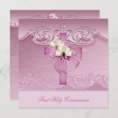 Invitation Première Sainte Communion Croix rose (Devant / Derrière)