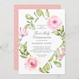 Invitation Première sainte communion de diamant floral rose