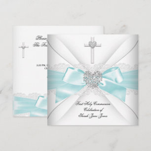 Invitation Première Sainte Communion de fille cœur argenté bl