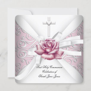 Invitation Première Sainte Communion de fille Damassé Rose Bl