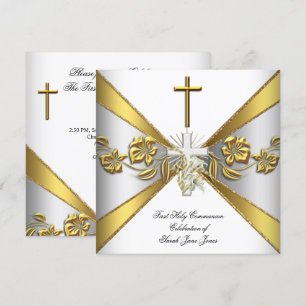 Invitation Première Sainte Communion de fille or blanc floral
