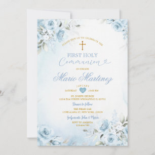 Invitation Première Sainte Communion de Garçon Floral Bleu Cl