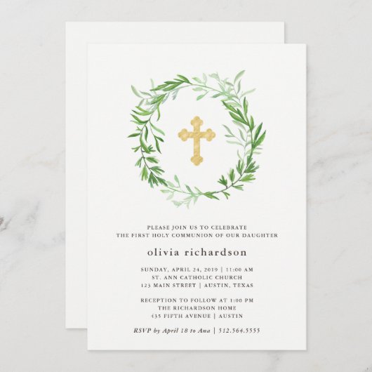Invitation Première sainte communion de guirlande botanique (Devant / Derrière)