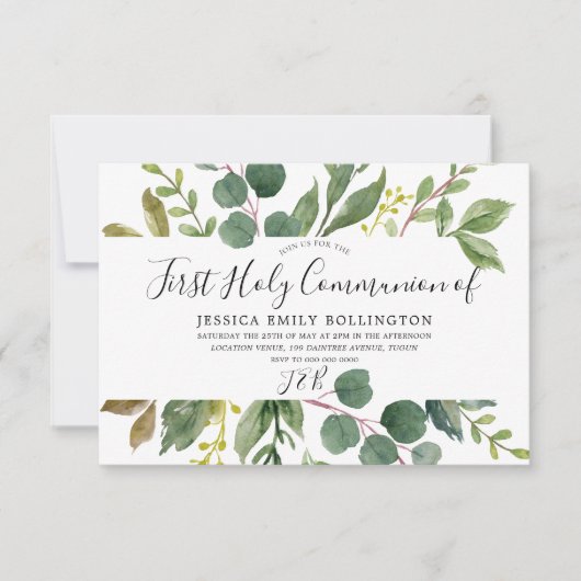 Invitation Première sainte communion de la feuille verte mode (Devant)