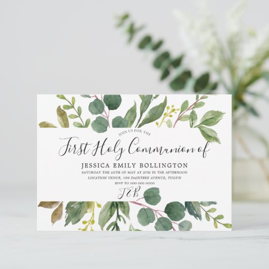 Invitation Première sainte communion de la feuille verte mode (Debout devant)