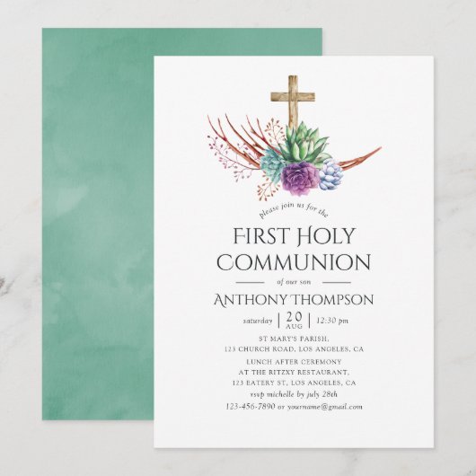 Invitation Première Sainte Communion de succulente de désert (Devant / Derrière)
