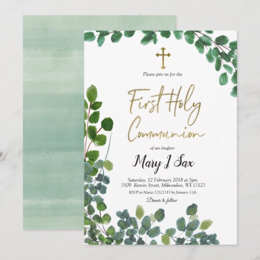 Invitation Première sainte communion d'eucalyptus lunatique (Devant / Derrière)